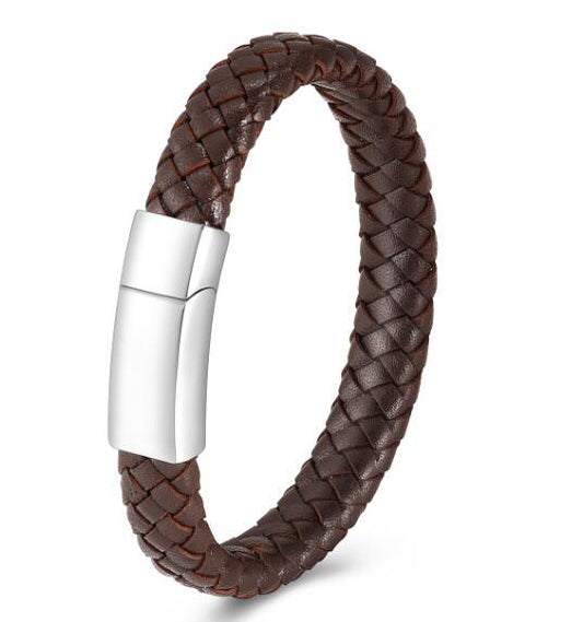 Braided Brown Leather Bracelet Silver Tone Clasp