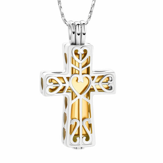 Cross Urn Pendant Silver and Gold Tone